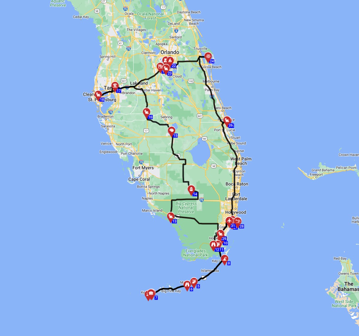 Map for Miami Roundtrip - Floridas Beaches